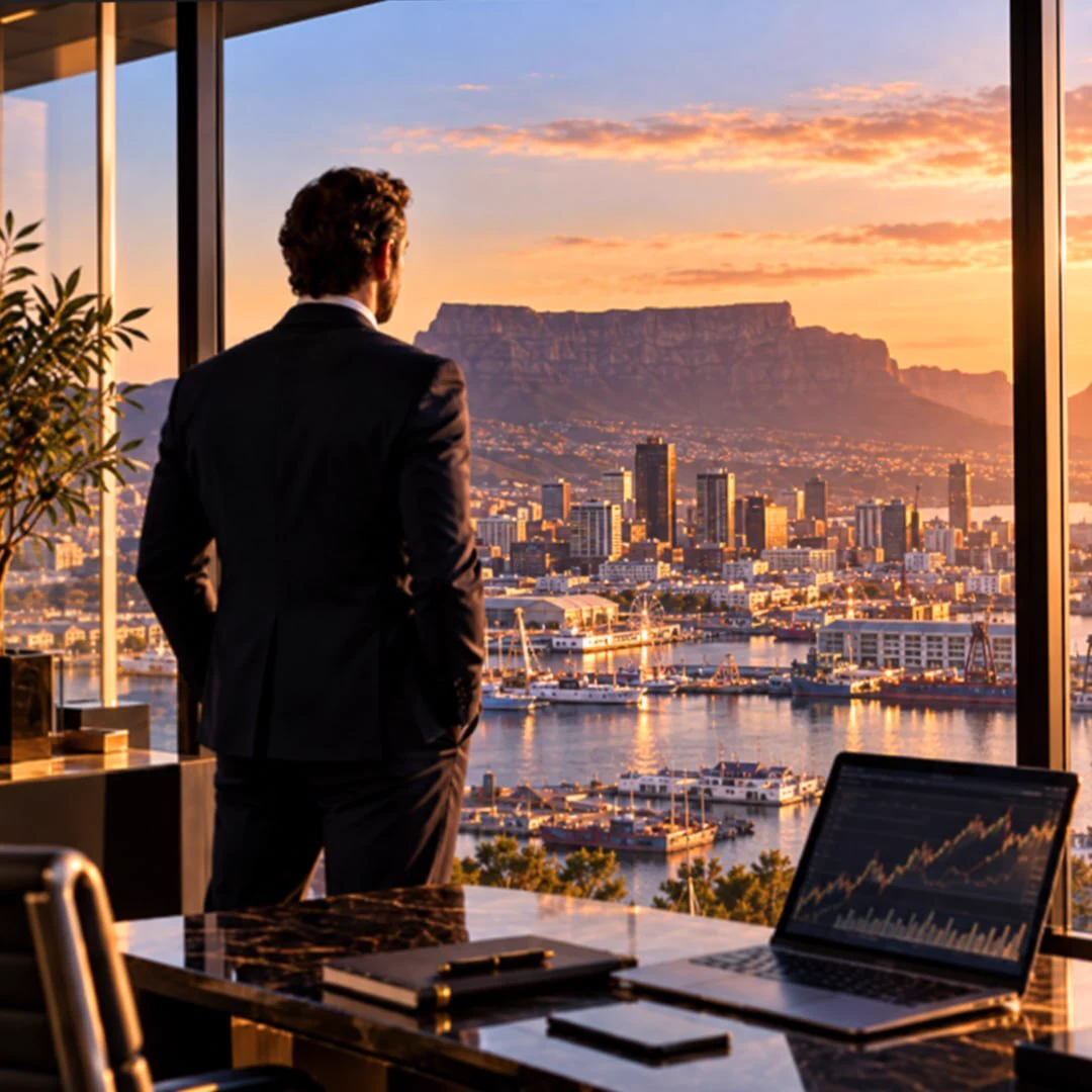 A person in a suit looking out over Cape Town harbour and Table Mountain at sunset, with a laptop showing a rising market chart on the desk